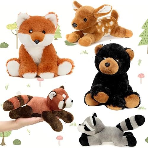 MaoGoLan 5 Pcs Soft Woodland Stuffed Animals Bulk Plush Toys for Girls Kids, 8'' Grizzly Bear Deer Fox Raccoon Red Panda Forest Animal Plushies Set Theme Party Favors Decorations Gifts Christmas