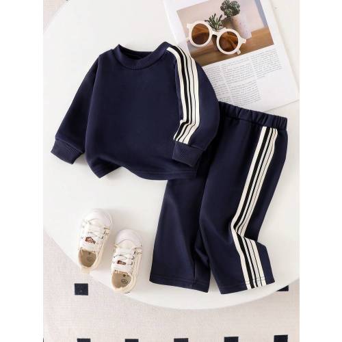 Baby Boy/Girl Casual Striped Long Sleeve Crew Neck Sweatshirt And Striped Elastic Waist Straight Leg Pants Set | SHEIN USA