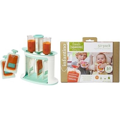 Infantino Squeeze Station, Baby Food Maker & Pouch Filler, Fill 3 Reusable Pouches & Disposable Squeeze Pouches, 50-Pack for Portable Homemade Semi-Solid Food for Babies and Toddlers
