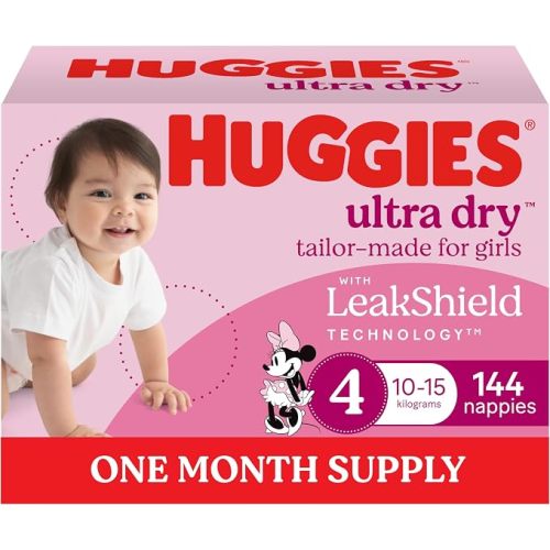 Huggies Ultra Dry Nappies Girls Size 4 (10-15kg) 144 Count - One Month Supply (Packaging May Vary)