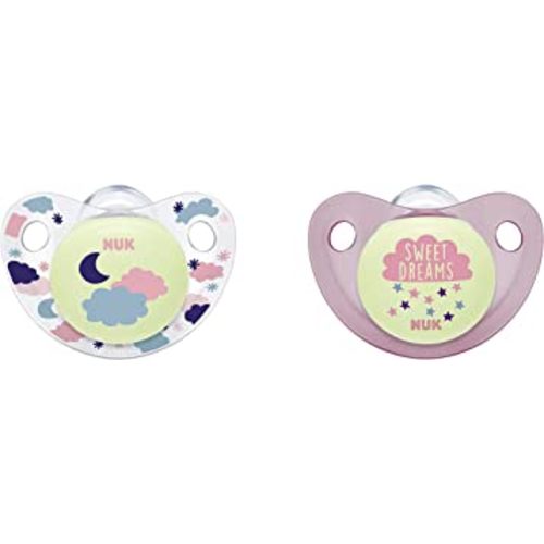 NUK Cute-as-a-Button Glow-in-The-Dark Orthodontic Pacifiers, Baby Girls, 0-6 Months, 2-Pack, 0.09 Pounds