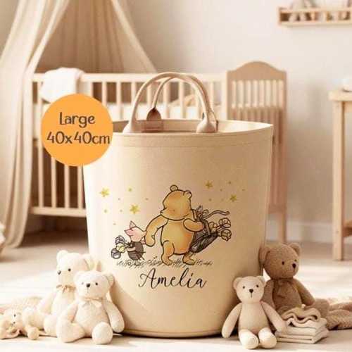 Personalized Pooh & Piglet Beige Toy Basket; Large 50L Felt Nursery Crafted Storage Blanket Pillow