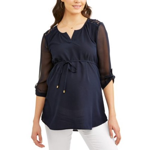 Maternity Lace Shoulder V-Neck Top -- Available in Plus Sizes - Navy