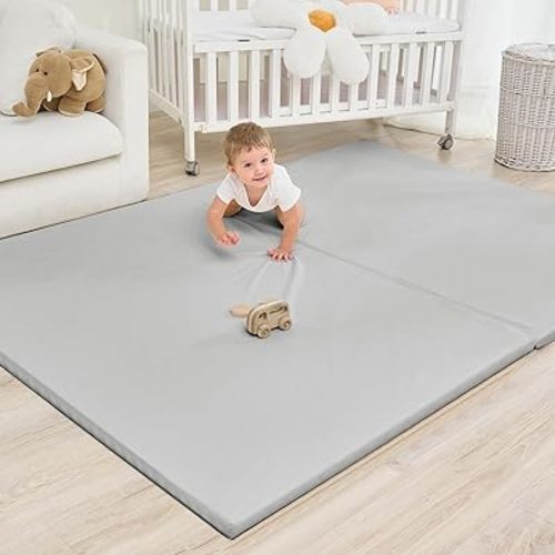 Large Vegan Leather Baby Play Mat for Floor,1.3"Thick Foam 59x82 Foldable Waterproof Kids Play Mat,Stylish and Just Wipe-Clean Playmat for Baby Play on Floor (Grey)