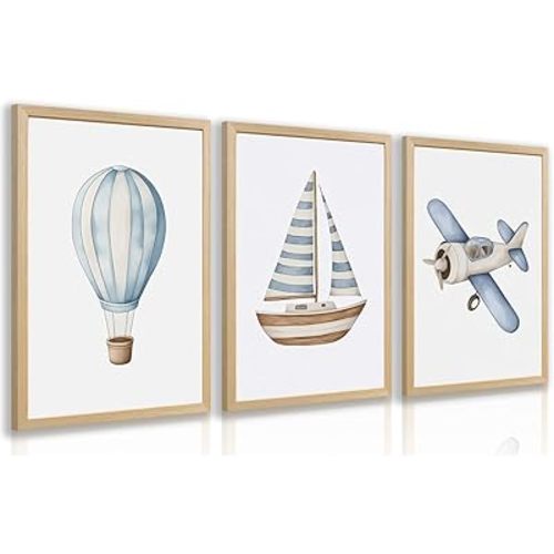 Clicyre Vintage Transportation Nursery Wall Art for Boys Room - Airplane Hot Air Balloon Sailboat Canvas Prints Set of 3, Blue Aero Vehicle Pictures for Baby Bedroom Playroom Wood Framed 12x16 Inch