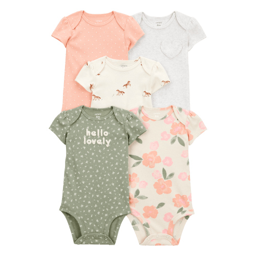 Baby Girl 5-Pack Floral Horses Short-Sleeve Cotton Bodysuits - Pink/Green - Carter's | Carter's
