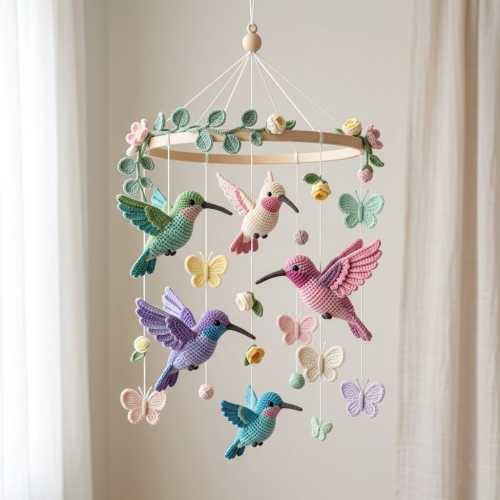 Hummingbird Mobile Nursery Bird Mobile, Pink Flower Crib Mobile Girl Rose Nature Baby Mobile Girl Tropical Garden Decorations