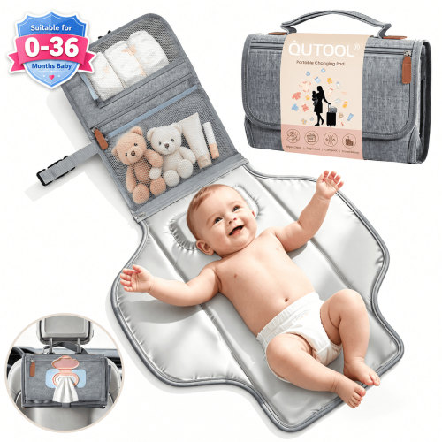 QUTOOL Portable Diaper Changing Pad for Travel, Foldable Baby Changing Station with Wipes Pocket & Storage, Waterproof Easy-Clean Changing Mat, Gray