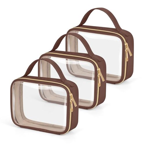 Wedama TSA Approved Toiletry Bag, 3 Pack Clear Makeup Bags with Handles, Quart Size PVC Clear Cosmetic Bags for Women and Men, Carry on Airport Airline Compliant Bag, Brown
