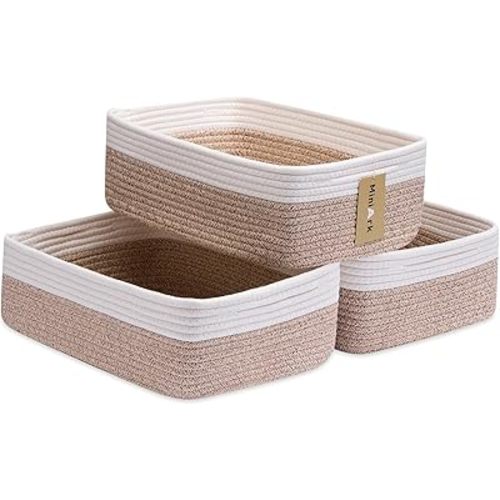 MiniArk Large Shallow Organizing Baskets 15x11x5.1 Inches - Rope Woven Storage Bins for Bathroom, Shelves, Cube Closet, White Mixed Brown 3 Packs