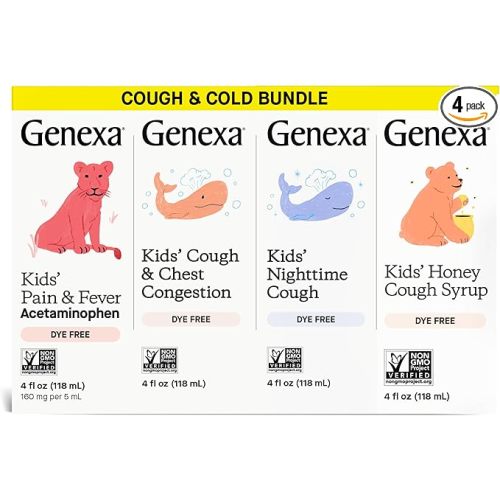 Genexa Kids' Clean Cough Medicine & Honey Cough Syrup, Pain & Fever Reducer Value 4-Pack, Dye Free, 0% Artificial Additives, Cough Care for Children, Fever & Pain Reliever, 16 fl oz (4 Bottles)
