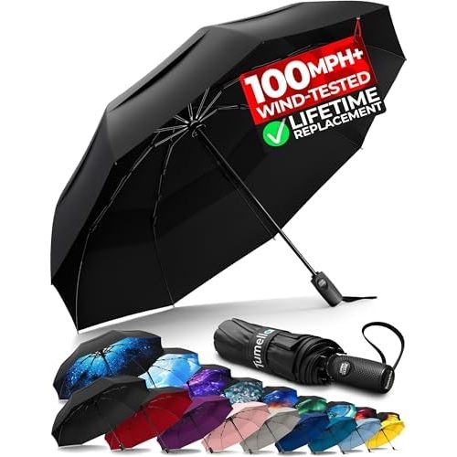 Strongest Windproof Travel Umbrella (Compact, 100MPH Wind-Tested), Light, Portable, One-Handed Use, Automatic Folding Rain Umbrella, Durable, Premium Grip, Fits Car & Backpack