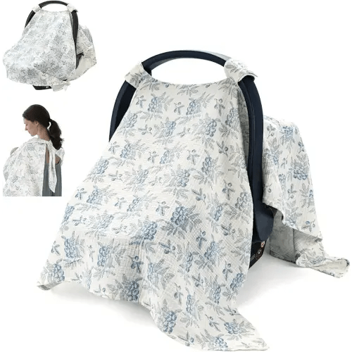 SERAPHY 2-in-1 Muslin Baby Car Seat Cover & Nursing Cover, Soft Lightweight Breastfeeding Cover for Boys and Girls,Breathable Canopy for Infant Carseat & Stroller for Summer—Blueberrie