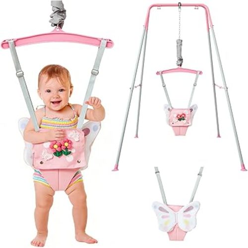 FUNLIO Baby Jumper with Stand for 6-24 Months, Infant Bouncer for Indoor/Outdoor Play, Toddler Jumper for Baby Girl/Boy, with Adjustable Chain, Easy to Assemble & Store (with Stand) - Pink Butterfly