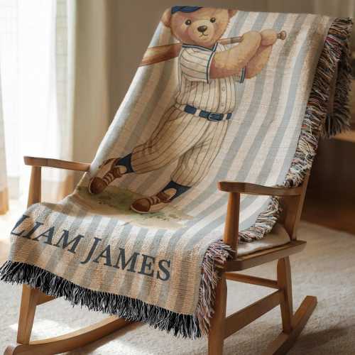 Vintage Baseball Nursery Decor Bear Baby Blanket Personalized Baby Boy Blanket Custom Baby Name Blanket Baseball Boy Baby Shower Gift Keepsa