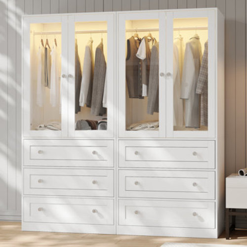 Ebern Designs Wardrobe Closet With Drawers And Light, 75" Armoire With Hanging Rod, 2 Doors Wooden Wardrobe Cabinet For Bedroom & Reviews | Wayfair