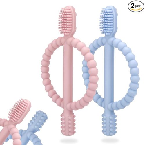 Baby Teething Toys with Easy-Hold Handle, Silicone Infant Toothbrush, Textured On Both Sides Helps Massage, Soothe Sore Gums, Teething Toys for Babies 0-6 Months, 6-12 Months