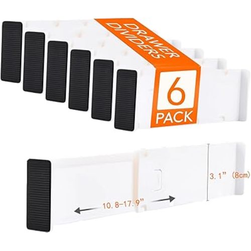 Adjustable Drawer Organizer Set, 6-Pack, 10.8”-17.9” Expandable, 3.1” High, Plastic Storage Dividers for Closets, Kitchen, Bedroom, Bathroom