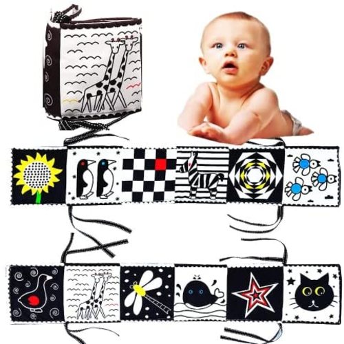 Black and White High Contrast Soft Book for Baby, My First Sensory Toys Baby Early Education Cloth Book, Folding Infant Tummy Time Baby Crib Toys, Montessori Soft Baby Books Newborn Infants Gift (C)