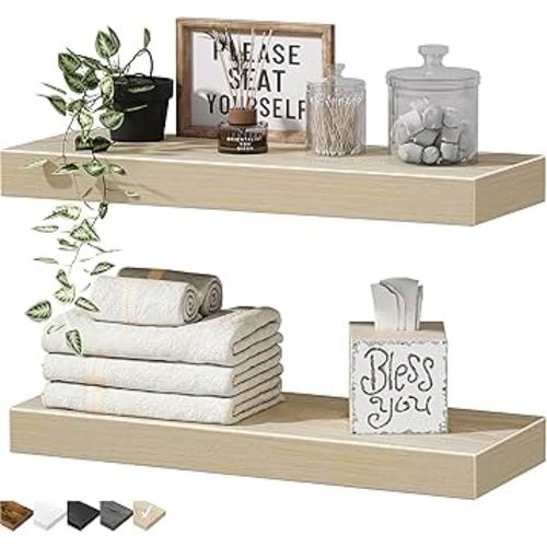 QEEIG Bathroom Floating Shelves for Wall - 15.7" Wall Mounted Shelf Over Toilet Farmhouse Home Decor Display Bookshelf Small 15.7 x 6.7 inch Set of 2, Natural Light Brown (008-40N)