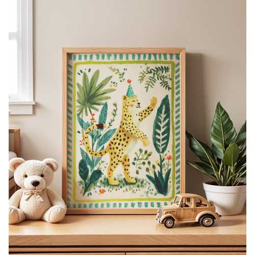 Jungle Cheetah Nursery Wall Art, Whimsical Illustration, Safari Animal Print, Tropical Kids Room Decor, Playful Baby Jungle Poster