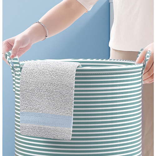 Foldable Striped Laundry Basket Set – Large Capacity Collapsible Hamper with Handles for Clothes, Toys & Bathroom Storage (Teal & White)