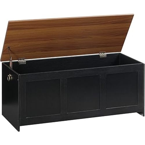 HOOBRO Storage Bench, 43.3" Retro Wooden Storage Chest, Wooden Storage Trunk, Toy Chest with Lift Top, Multifunctional Entryway Organizer, for Entryway, Living Room, Black and Walnut BH411CW01