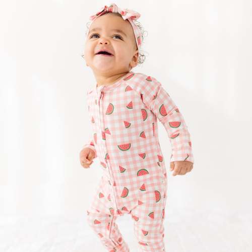 Watermelon Pink Gingham Zip Romper