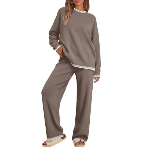 LILLUSORY Lounge Sets Womens 2 Piece Matching 2026 Fall Knit Sweater Set | Loungewear Outfits, Winter Fashion Staple, Contrast Trim Side Split Hem Pullover & Wide Leg Pants, Cute Comfy Clothes
