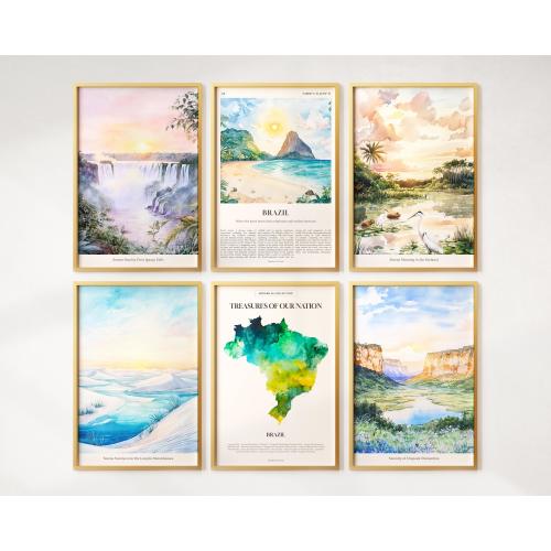 Watercolor Brazil Prints Set of 6, Colorful Brazil Posters, Brazil Wall Art, Brazil Gift, Brazil Map, Brazil