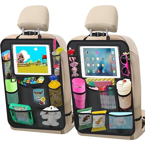 Car Backseat Organizer ,2 Pack Car Organizer Back Seat with 11" Tablet Holder, 10 Storage Pockets Seat Back Protectors Kick Mats for Kids Toddlers, Travel Accessories (Black)