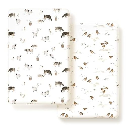Pack n Play Sheets Fitted 2 Pack, Stretchy Ultra Soft Jersey Knit Pack and Play Sheets, Universal Fitted Portable/Mini Crib Mattresses Snug and Safe, Stylish Pattern for Boy and Girl
