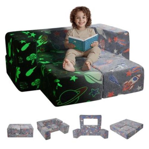 Kids Modular Play Couch 4 Piece Toddler Sofa Bed Sectional with Removable Cover Dark Grey