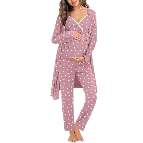 SWOMOG Maternity Nursing Robe Set 3 Piece Breastfeeding Pajamas 3 in 1 Labor Delivery Sleevless Tops&Long Pants Pregnancy Pjs