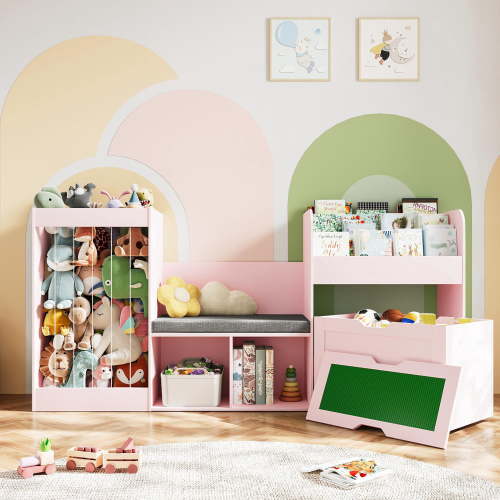 Vortin T Wooden Kids Bookcase, Reading Nook with Cushion with Building-Brick Play Drawer 3-Tier Large Stuffed Animals Storage Organizer Pink 69 Inch