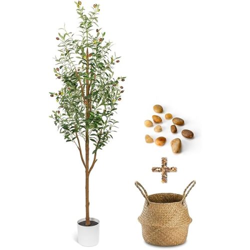 6FT Artificial Olive Tree - Indoor Tall Faux Olive Trees with Planter&Basket