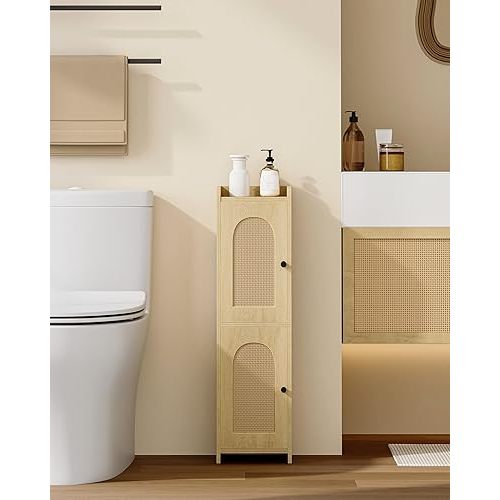 Hzuaneri Bathroom Storage Cabinet, Small Corner Floor Cabinet with 2 Doors and Adjustable Shelf, Narrow Toilet Paper Cabinets, Bathroom Organizer for Small Spaces, 7.9"D x 7.9"W x 29.5"H Rattan Yellow