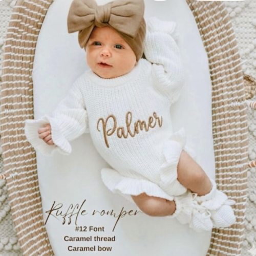 Keepsake Embroidered Knit Ruffle Romper, Personalized Newborn Name Chunky Sweater Romper Baby Girl, Embroidered Newborn Oversized Sweater