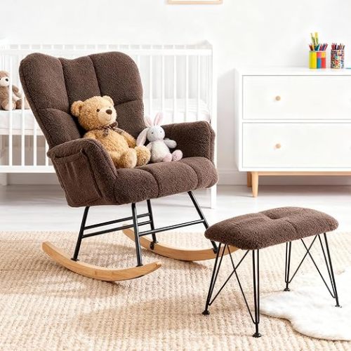 KEEZY Nursery Rocking Chair with Footrest,Teddy Upholstered Glider Rocker Rocking Accent Chair Padded Seat with High Backrest Armchair Comfy Side Chair for Living Room Bedroom (Teddy)