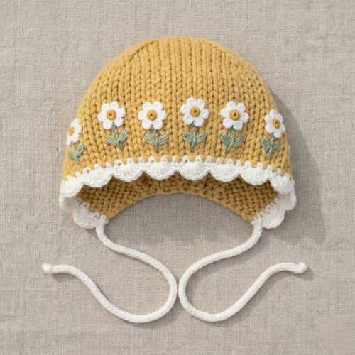 Hand Crochet Daisy Bonnet | Mustard Yellow Floral Baby Hat, Vintage Style Infant Bonnet