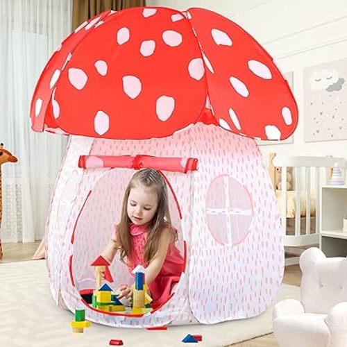Play Tent for Kids Pop Up Tent Indoor Outdoor Boys and Girls Playhouse with Exquisite Design for Imaginative Mushroom Tent by CRAWLBO Patented(RED/Large)
