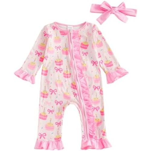 Toddler Baby Girl Birthday Outfit Cake/Goose Jumpsuit Headband