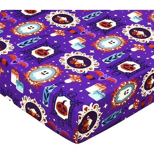 Halloween Crib Sheets, Baby Fitted Crib Sheet with Bohemian Mirrors, Ghosts, Pumpkins, Candles, Measuring 52" x 28" to fit Standard Crib and Toddler Mattresses, Purple