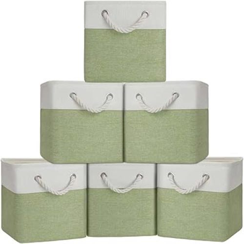 Cube Storage Bins, Collapsible Fabric Storage Cubes Bins, 11 Inch Cube Storage Bins with Handles, Foldable Storage Cubes (White/Green, 6Pack)