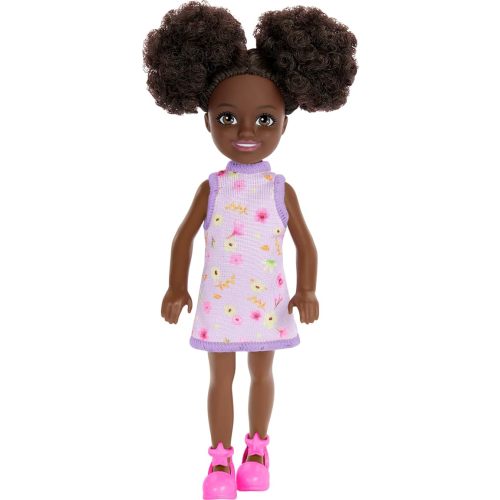 Barbie Chelsea Doll, Small Doll Wearing Removable Purple Floral Dress & Pink Shoes with Space Buns & Brown Eyes