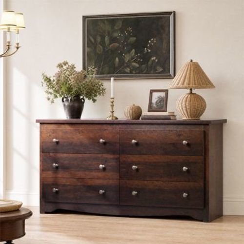 DEXYLLO Wooden Dresser for Bedroom, 6 Drawers Chest of Drawers, 59" Wide Up-to-date Dresser Closet Storage Organizer for Living Room, Brown