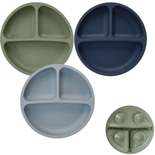 Tiny Marvels Baby Plates 3 Pack, 100% Food Grade Silicone Toddler Plates, Divided Baby Suction Plates, Non-Slip Toddler Plate Set, Baby Led Weaning Supplies, Microwave & Dishwasher Safe