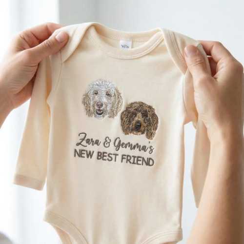 Custom Embroidered Dog Portrait Baby Onesie – Personalized Pet Sibling Outfit