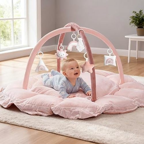 Mallify 5-in-1 Thick Plush Baby Play Gym Mat, Tummy Time Mat with 6 Sensory Toys, Baby Play Mat, Convertible Baby Gym for Stage-Based Development from Babies to Toddlers, Baby Essentials Gift, Pink