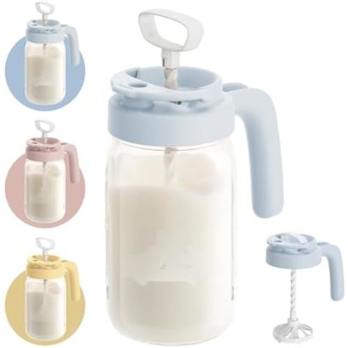Papablic Glass Breast Milk Pitcher with Mixer for Formula, Blue | Wide Mouth, BPA-Free Lid, Leakproof Design, Built-In Mixing Handle, Top-Rack Dishwasher Safe